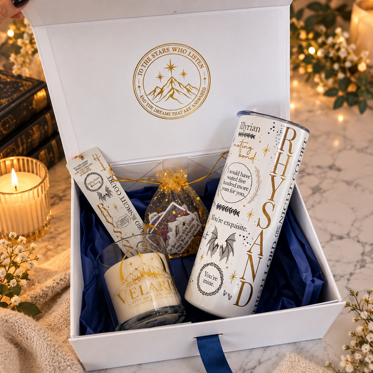 ACOTAR Gift Box | ACOTAR Inspired Bookish Gift Set | Velaris Tumbler & Candle